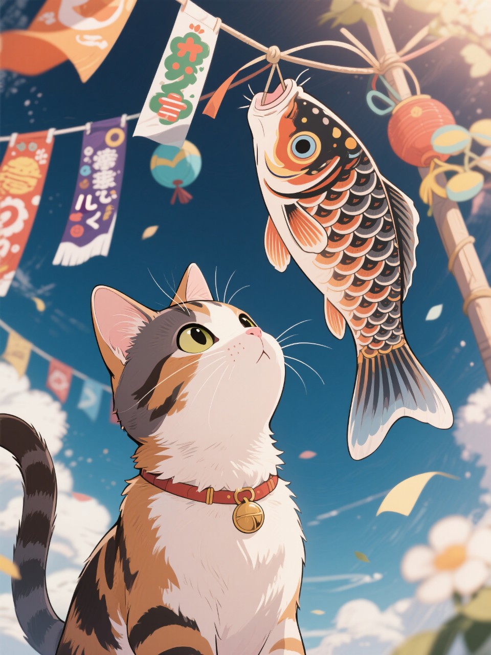 鯉のぼりを見上げる猫 — neko(⁠｡⁠･⁠ω⁠･⁠｡⁠)⁠ﾉ⁠さんのAIイラスト