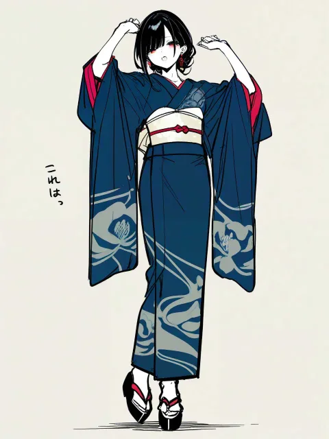 一本の線で描かれた成年女性の横向きの立ち姿、項をさらす