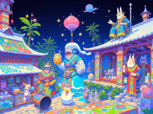 ピクセルアート風の百鬼夜行シーン