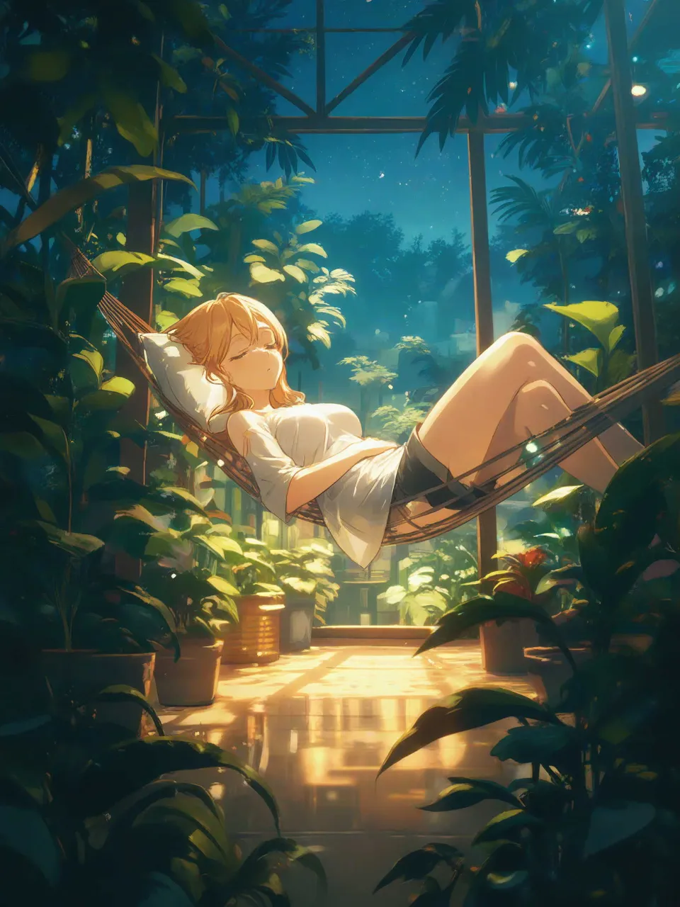 夜の温室で眠る