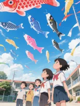 鯉のぼりと小学生たち