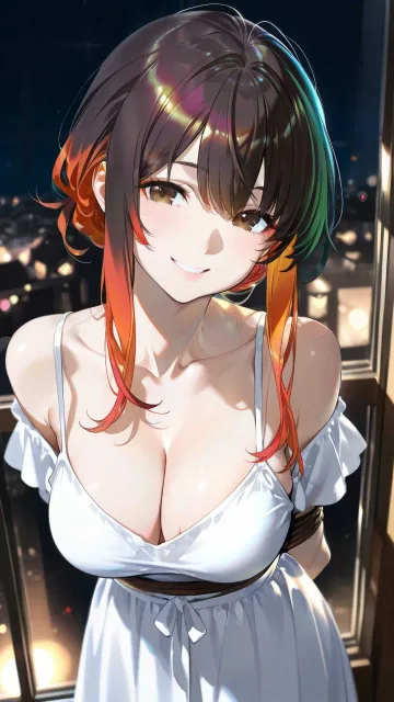 結った髪、肩の落ちた薄い服の色っぽい成年女性、ブラウンの瞳