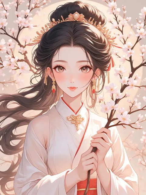 美しい天女の薄い衣姿、手には白梅の花の枝