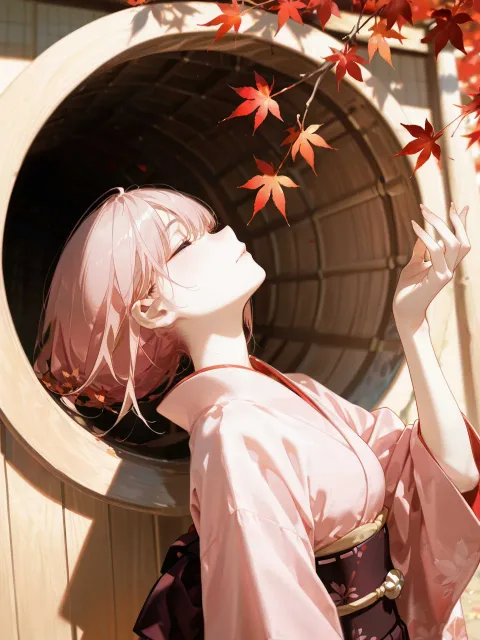 薄紅色の着物を着た成年女性、山の上の神社の境内 - 紅葉狩り