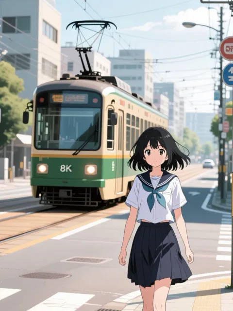 路面電車と制服少女