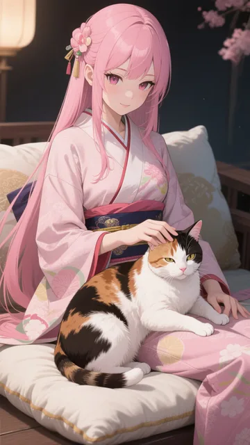 ピンク髪娘💕愛猫と至福の時❤️のAIイラスト - SUPPART