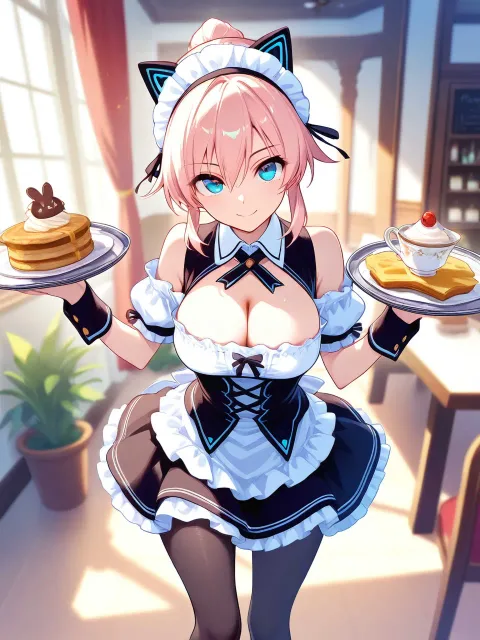 メイド喫茶、オフショルダーのメイド服、ミニスカート、絶対領域