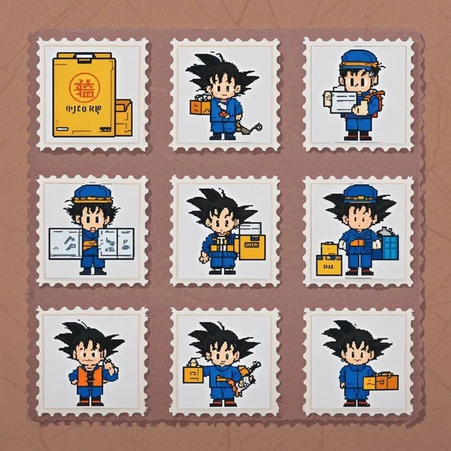 切手みたいな9コマのLINEスタンプ、郵便配達のドラゴンボールの孫悟空