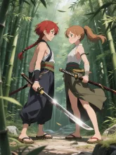 双子と竹林と真剣勝負 — 袴イラストのAIイラスト|SUPPART