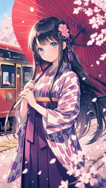 紫と白の矢絣柄の着物に濃い紫色の袴を身につけ