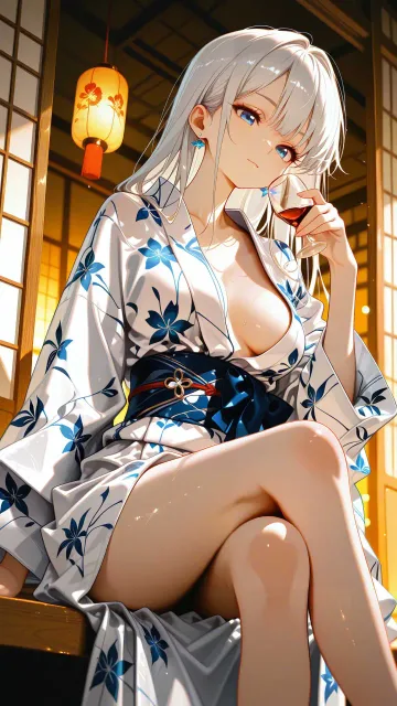 汗ばむ夜を過ごす色っぽい女性、薄明かりの部屋