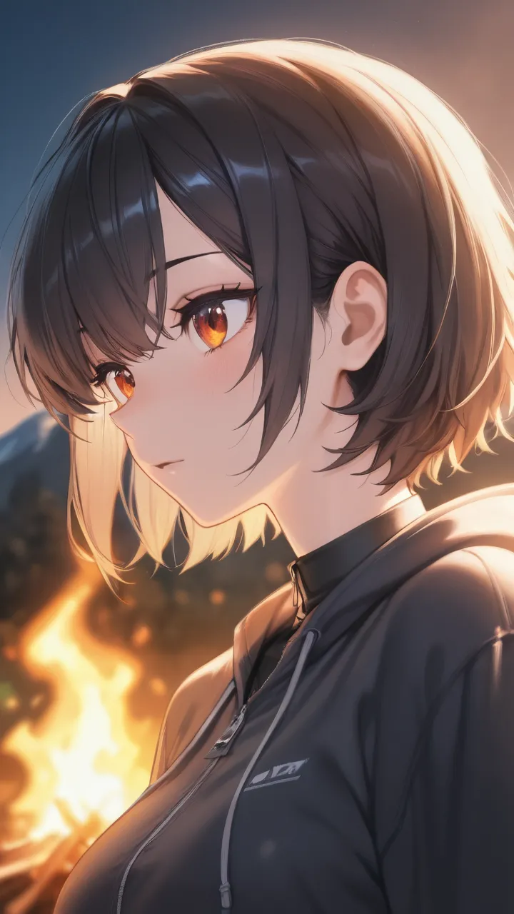 夕暮れの星空キャンプ・ショートの少女