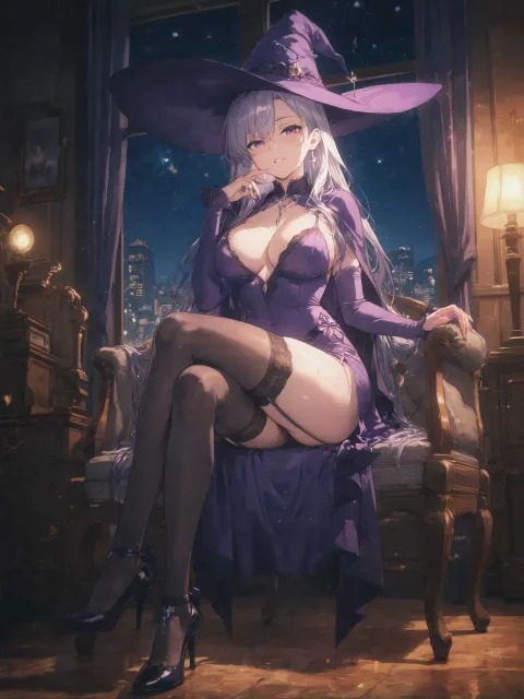 一個美女女巫穿著紫色的衣服跟黑色絲襪 做著最誘惑的動作…