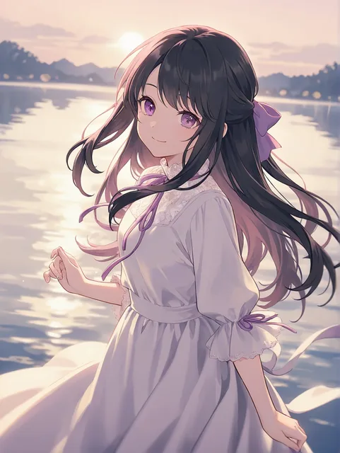 湖の背景 黒髪の少女 紫の瞳 ハーフアップ…