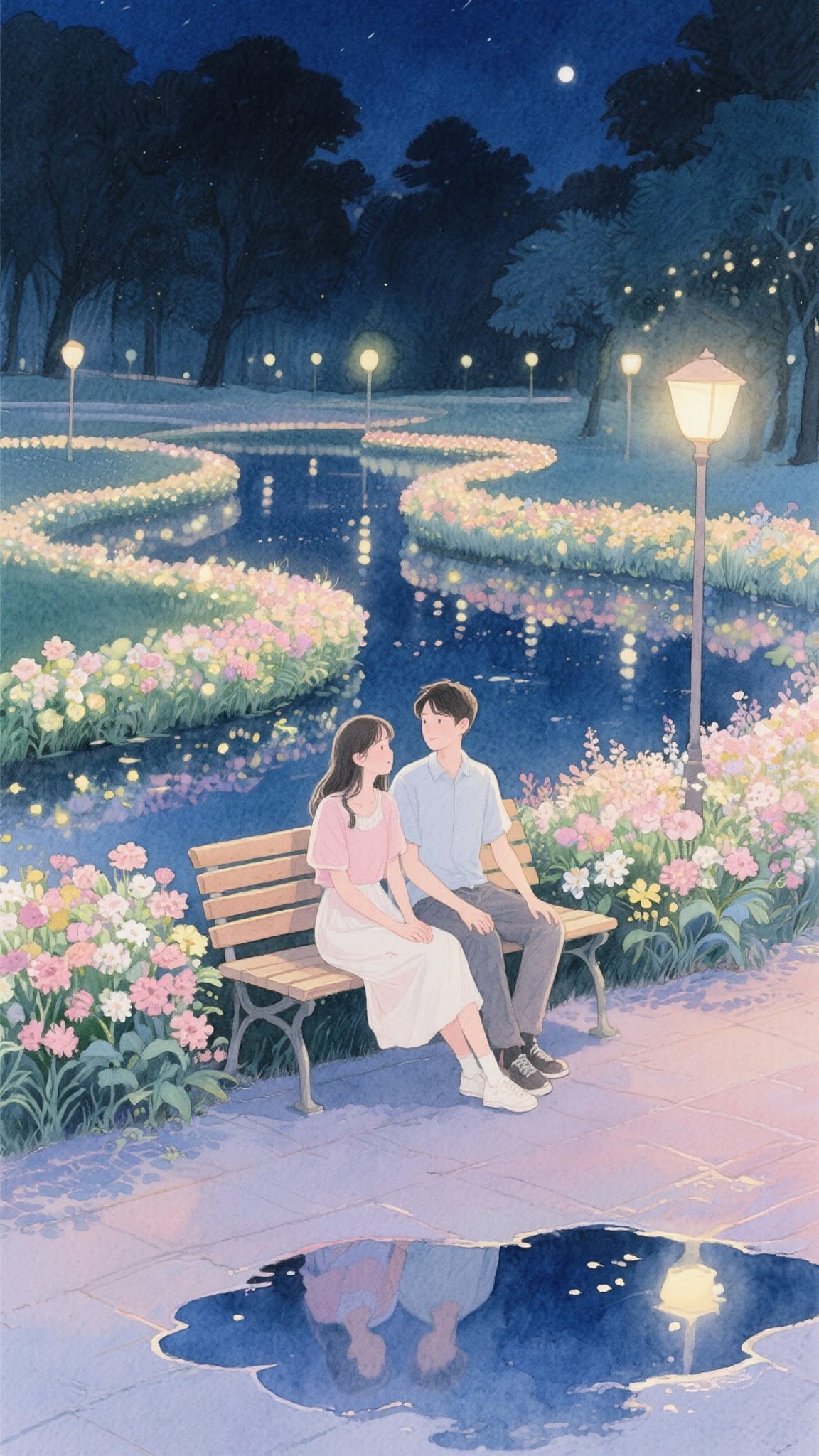 夜の公園のカップル｜AIイラスト無料生成 - SUPPART