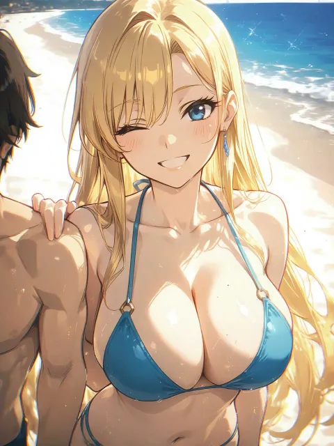 ultra-detailed、金髪の美女、青い目、ウインク - グラビア
