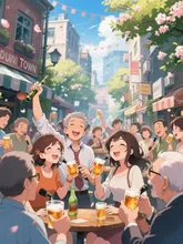 春の昼飲み、泥酔タウン。敢えて老若男女で生成しました。