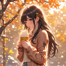 公園で紅葉を眺めながらソフトクリームを食べる女の子