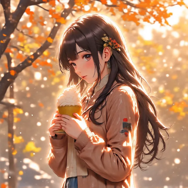 公園で紅葉を眺めながらソフトクリームを食べる女の子