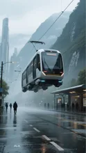 未来のリニア路面電車。浮きすぎ？送電線あり？