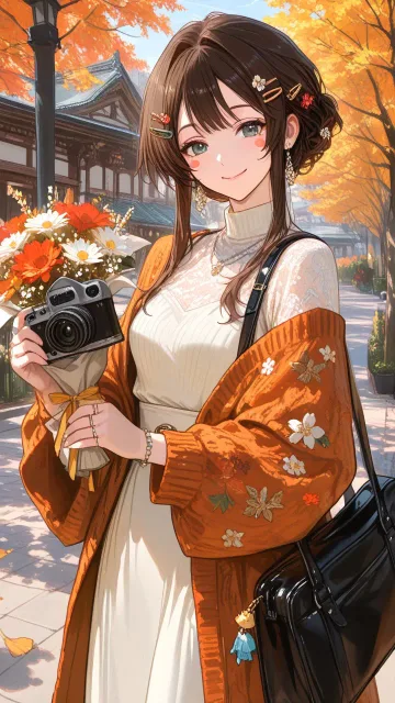 シルバーウィークの休日、自分だけの特別な一日を楽しむ女性、秋のコーディネート、花束、カメラ、旅行バッグ、秋の街並み、自然…