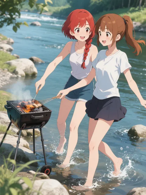 双子と川辺のバーベキュー