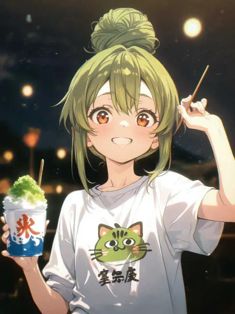 1人の少女、Tシャツ、丸く盛られた抹茶かき氷 - 夏スイーツ