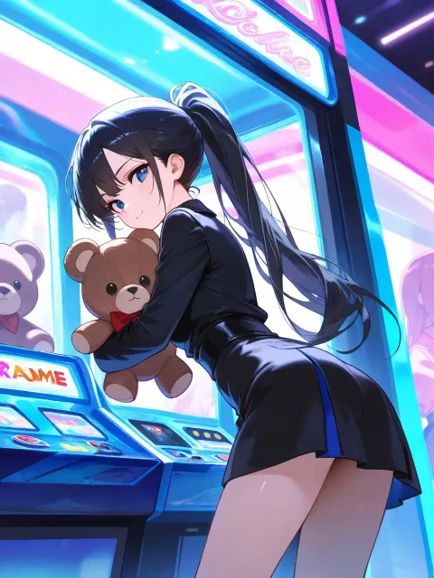 ゲーセンの美少女、ロングヘア、ポニーテール