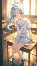 制服で机に座る水色ちゃん