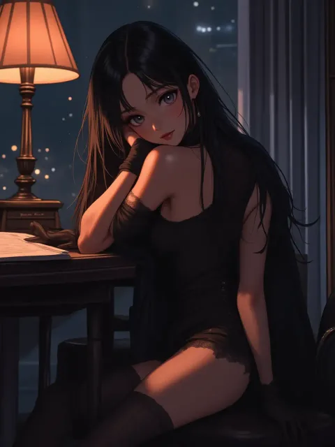 黒いストッキングの色っぽい成年女性、夜のオフィスの椅子