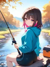 碧き清流に糸を垂らして — キャンプイラストのAIイラスト|SUPPART