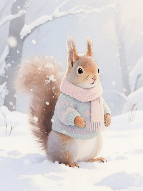 辺り一面の雪、セーターとマフラーをつけているリス
