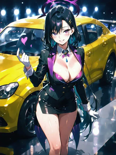 展示会のコンパニオン衣装の色っぽい成年女性、車の横に立つ