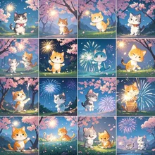 16コマの絵、子猫、花火、桜満開 🐱🌸