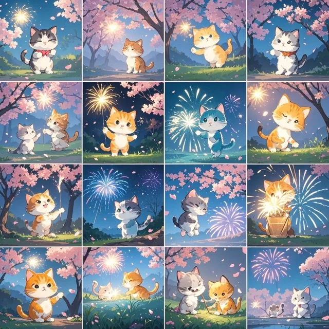16コマの絵、子猫、花火、桜満開 🐱🌸