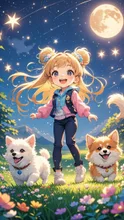 可愛い犬たちと夢の中で遊ぶ少女