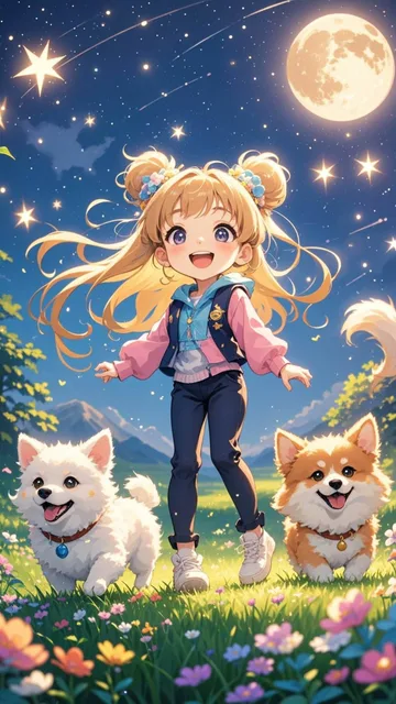 可愛い犬たちと夢の中で遊ぶ少女
