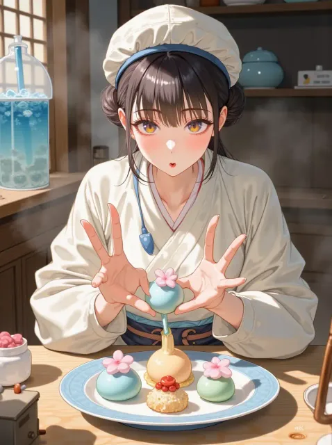 きちんと襟を合わせ帯を締めた袴姿の色っぽい成年女性、木の廊下
