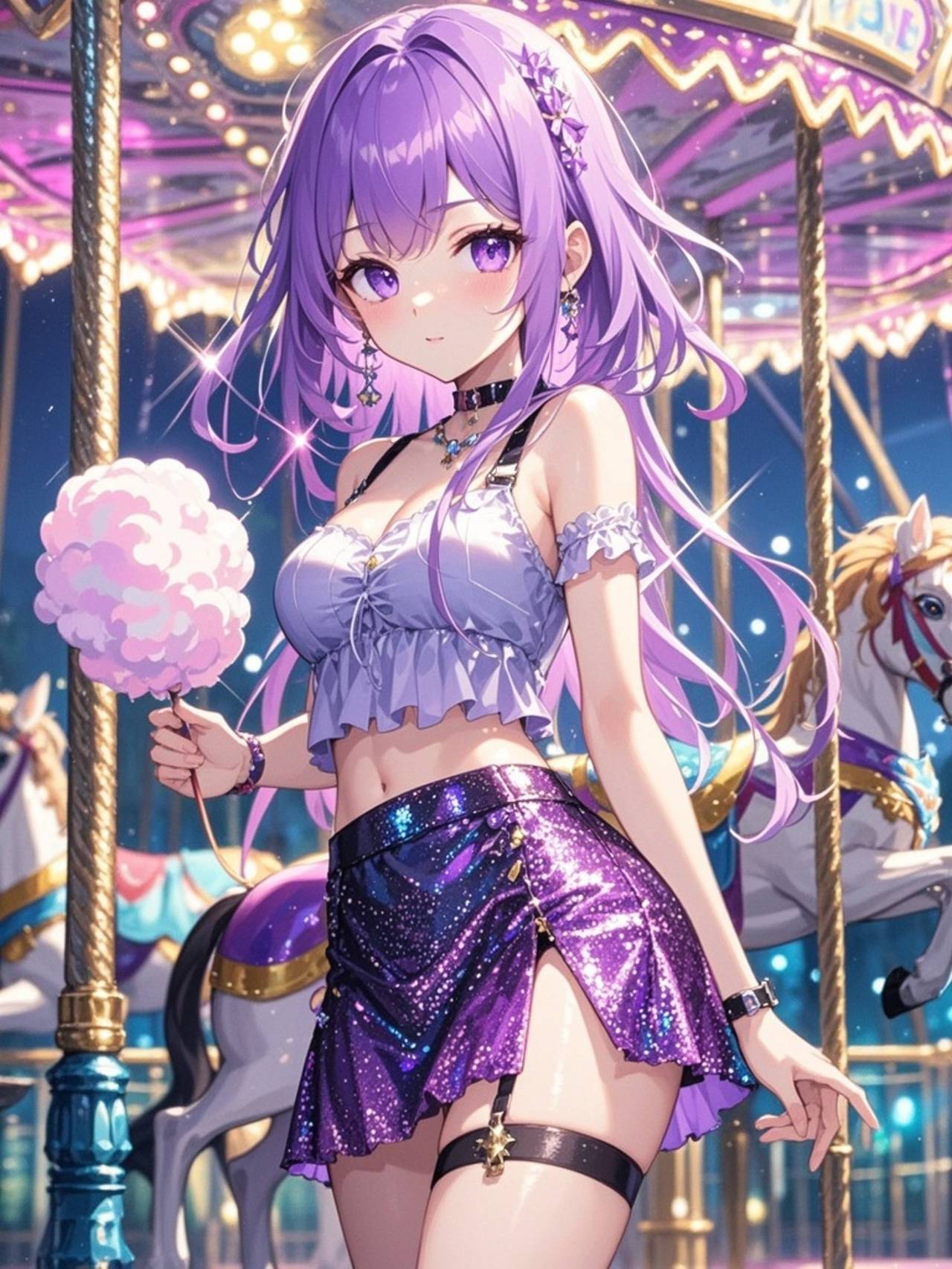 Cut Girl with Cotton Candy at the Fairground Carousel, — あん77さんのAIイラスト