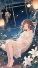 夜の温室で眠る、稚奈。