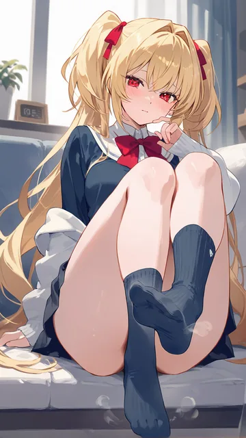 赤い目の金髪美少女が靴下を脱いでその足を嗅がせてくる