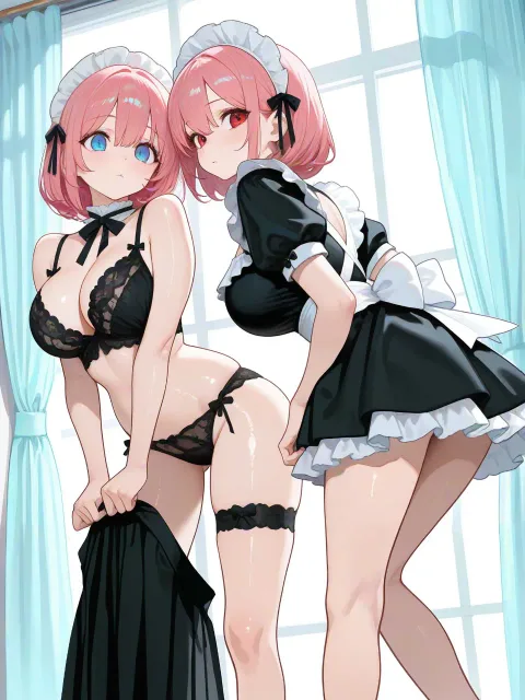(2 girls)、2人組、メイド服を半分脱いだ女の子 - 更衣室