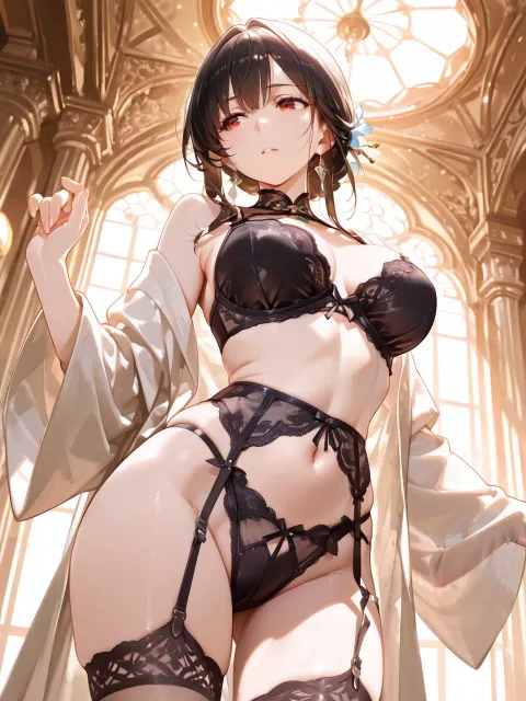 羽衣をまとった竜宮城の乙姫の成年女性、目線の高さから