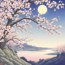 浮世絵、桜並木、