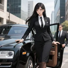 女性の凛々しい成功収める実業家の女性がロールスロイスファントムから降りる凛々しい実業家の女性