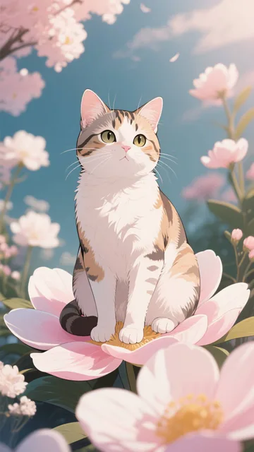 花びらの上に座る猫