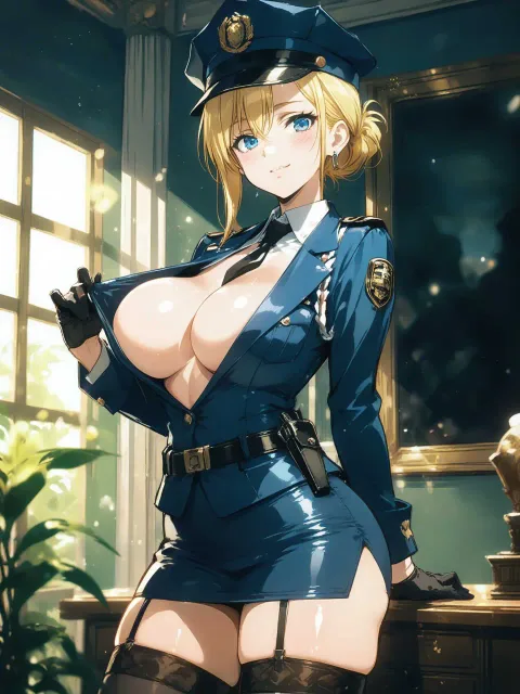 タイトな制服のセクシーな婦警、胸元の開いた制服、バストアップ