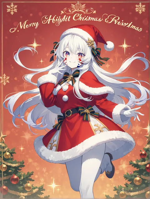 鮮やかな赤のクリスマスドレスを纏った白いファー付きのサンタ帽…