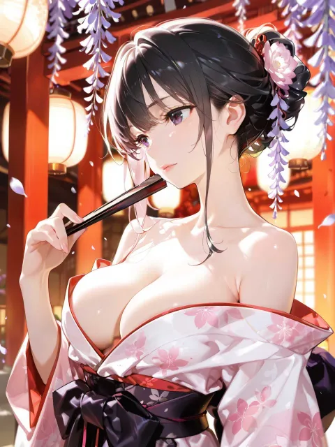開いた扇子を顔の横に持つ色っぽい女性
