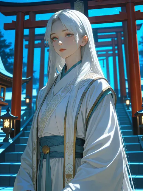 若い女性、白い羽衣、神社の鳥居、月明かりと提灯の光